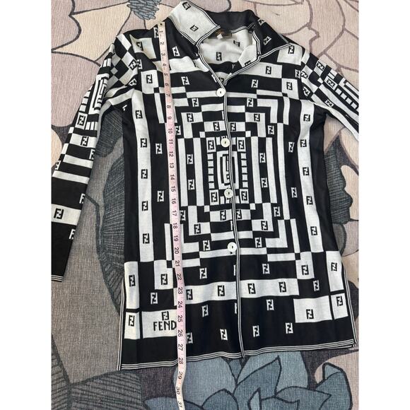 Fendi 365 Vintage FF Zucca Black White Geometric Cardigan IT 40 US 6 1990s - Picture 7 of 8